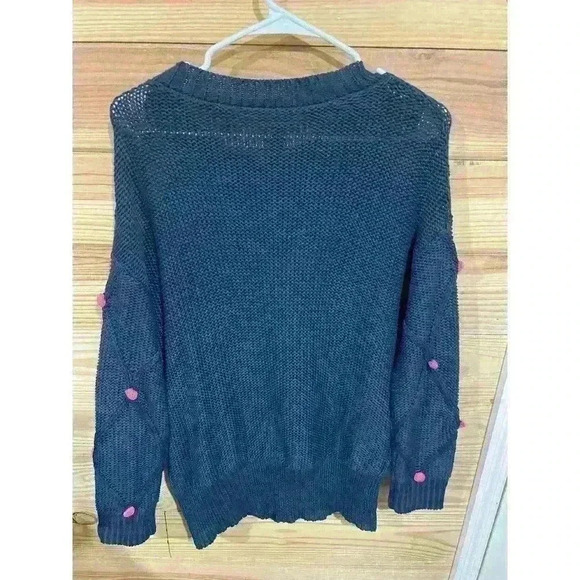 ALYA Womens Crew Neck Sweater Size S Blue Pink Polka Dot Cable Knit long Sleeve - Picture 6 of 6